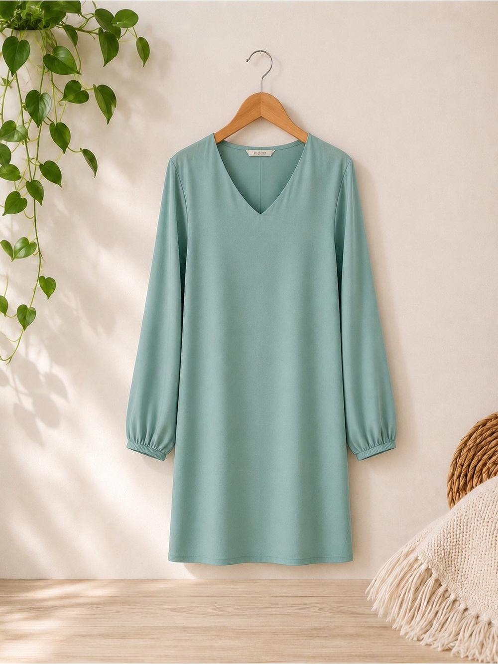 Yetts- Relaxed V-Neck Long Sleeve Tunic in Seafoam with sleeve slits